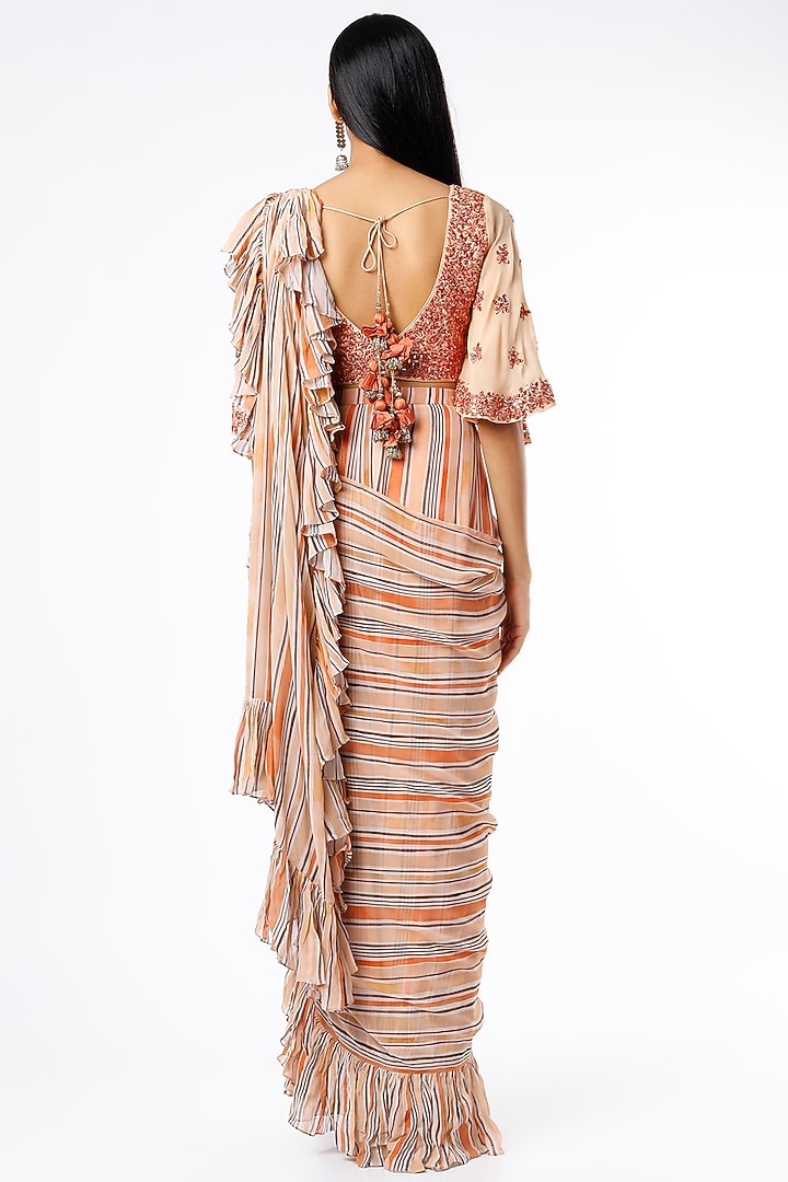 Peach Striped Wedding Saree Set by Vikram Phadnis at Pernia's Pop Up Shop