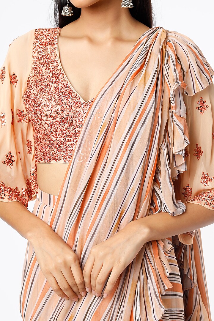 Peach Striped Wedding Saree Set by Vikram Phadnis at Pernia's Pop Up Shop