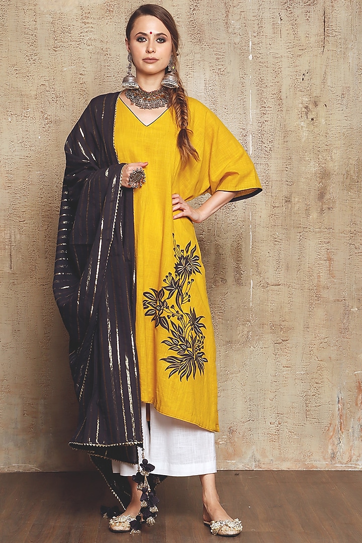 Mustard Embroidered Kurta Set by Vikram Phadnis at Pernia's Pop Up Shop