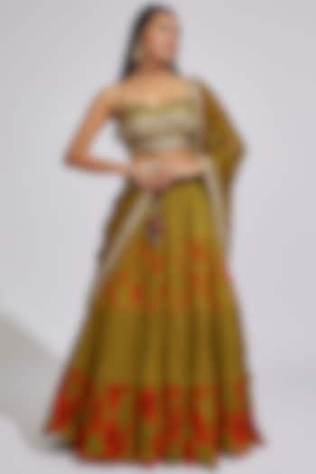 Olive Crepe Satin Embroidered Lehenga Set by Vikram Phadnis at Pernia's Pop Up Shop