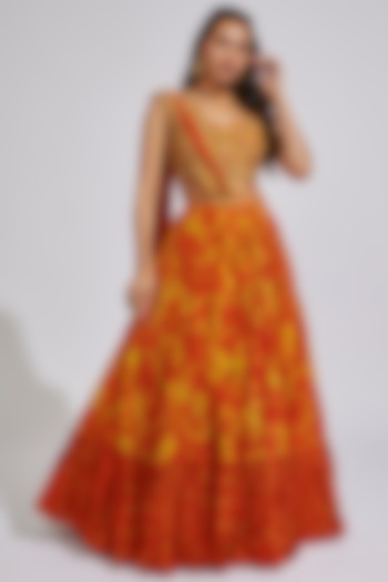 Rust & Mustard Yellow Printed & Embroidered Skirt Set by Vikram Phadnis at Pernia's Pop Up Shop