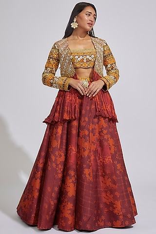 Wine Silk & Crepe Satin Printed & Embroidered Jacket Lehenga Set by Vikram Phadnis