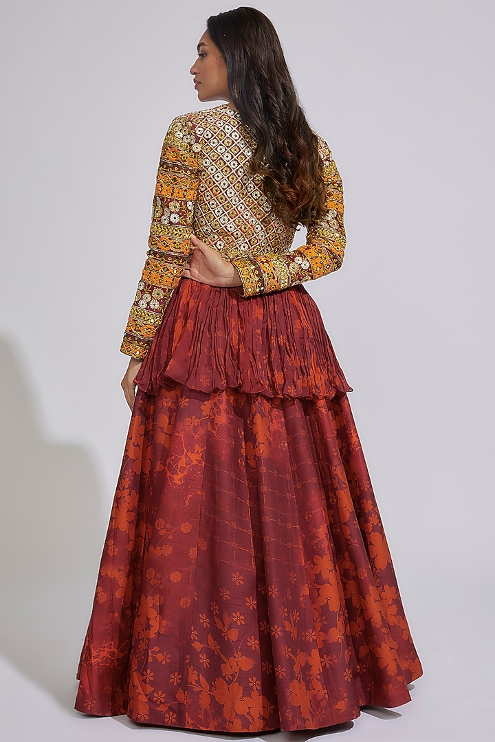 Wine Silk & Crepe Satin Printed & Embroidered Jacket Bridal Lehenga Set by Vikram Phadnis at Pernia's Pop Up Shop
