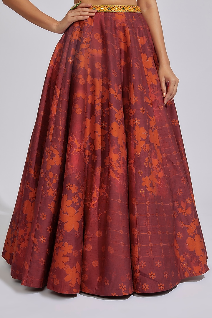 Wine Silk & Crepe Satin Printed & Embroidered Jacket Bridal Lehenga Set by Vikram Phadnis at Pernia's Pop Up Shop