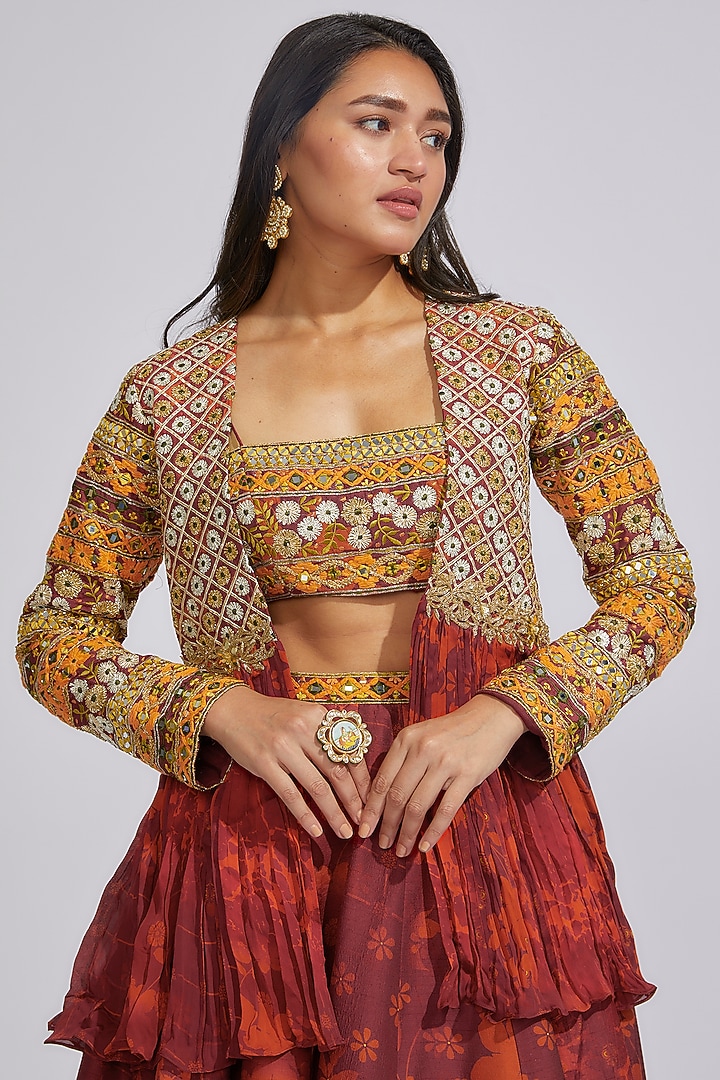 Wine Silk & Crepe Satin Printed & Embroidered Jacket Bridal Lehenga Set by Vikram Phadnis at Pernia's Pop Up Shop