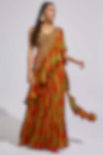 Olive & Orange Crepe Satin Sequins Hand Embroidered Pre-Draped Gathered Reception Saree Set by Vikram Phadnis at Pernia's Pop Up Shop