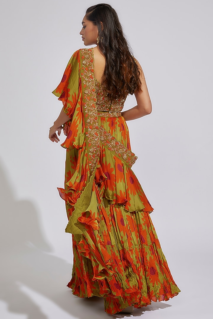 Olive & Orange Crepe Satin Sequins Hand Embroidered Pre-Draped Gathered Reception Saree Set by Vikram Phadnis at Pernia's Pop Up Shop