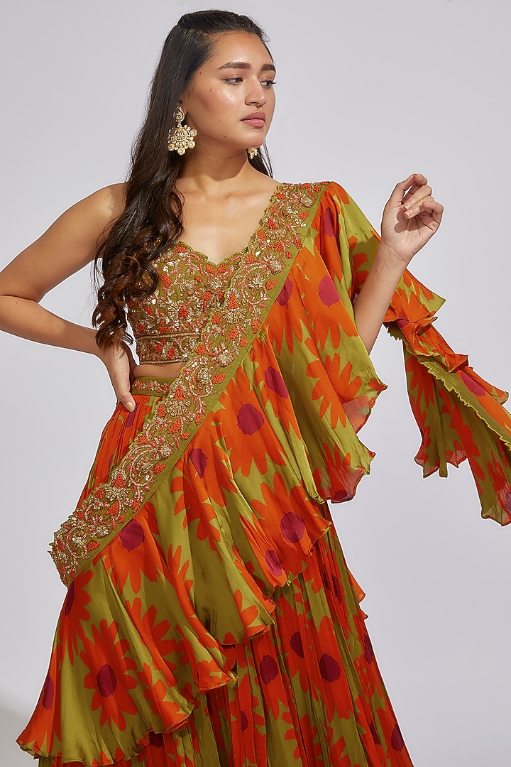 Olive & Orange Crepe Satin Sequins Hand Embroidered Pre-Draped Gathered Reception Saree Set by Vikram Phadnis at Pernia's Pop Up Shop