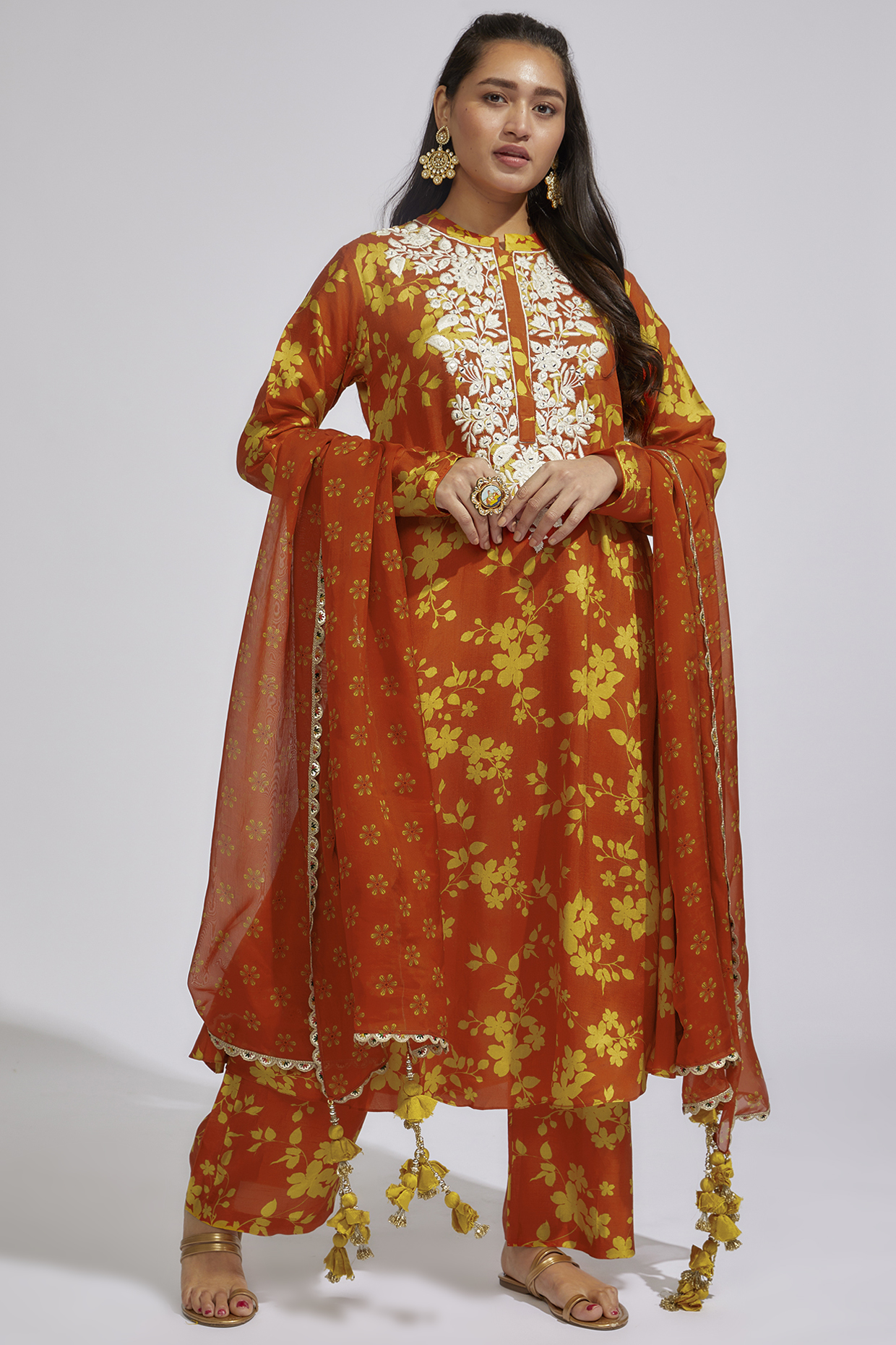 Rust & Mustard Yellow Printed & Embroidered Kurta Set by Vikram Phadnis at Pernia's Pop Up Shop
