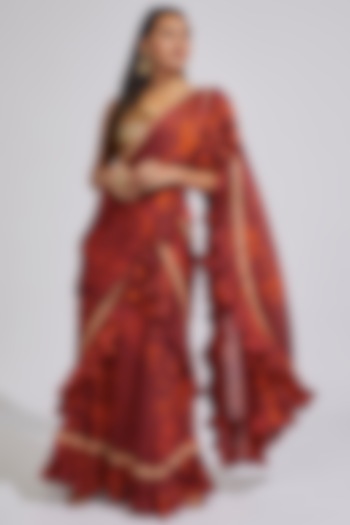 Wine Crepe Satin Printed Saree Set by Vikram Phadnis at Pernia's Pop Up Shop