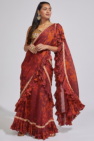 Wine Crepe Satin Printed Saree Set by Vikram Phadnis