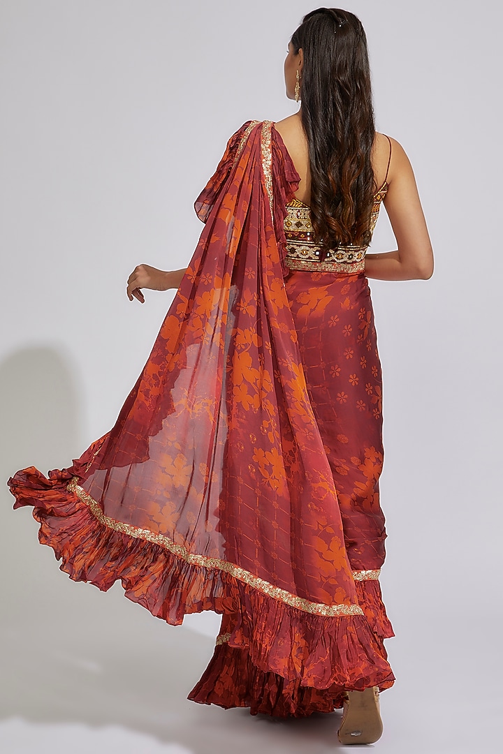 Wine Crepe Satin Printed Wedding Saree Set by Vikram Phadnis at Pernia's Pop Up Shop