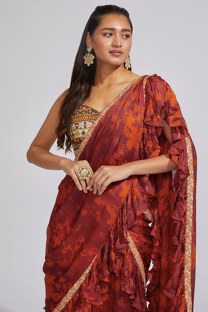 Wine Crepe Satin Printed Wedding Saree Set by Vikram Phadnis at Pernia's Pop Up Shop