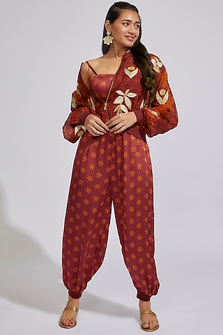 Wine Organza Embroidered Jacket Set by Vikram Phadnis
