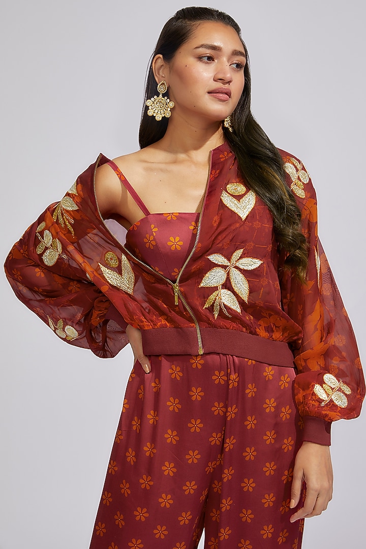 Wine Organza Embroidered Jacket Set by Vikram Phadnis at Pernia's Pop Up Shop