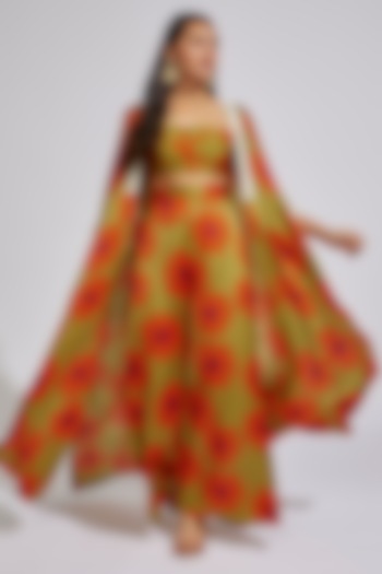 Olive Modal Satin Printed Cape Set by Vikram Phadnis at Pernia's Pop Up Shop