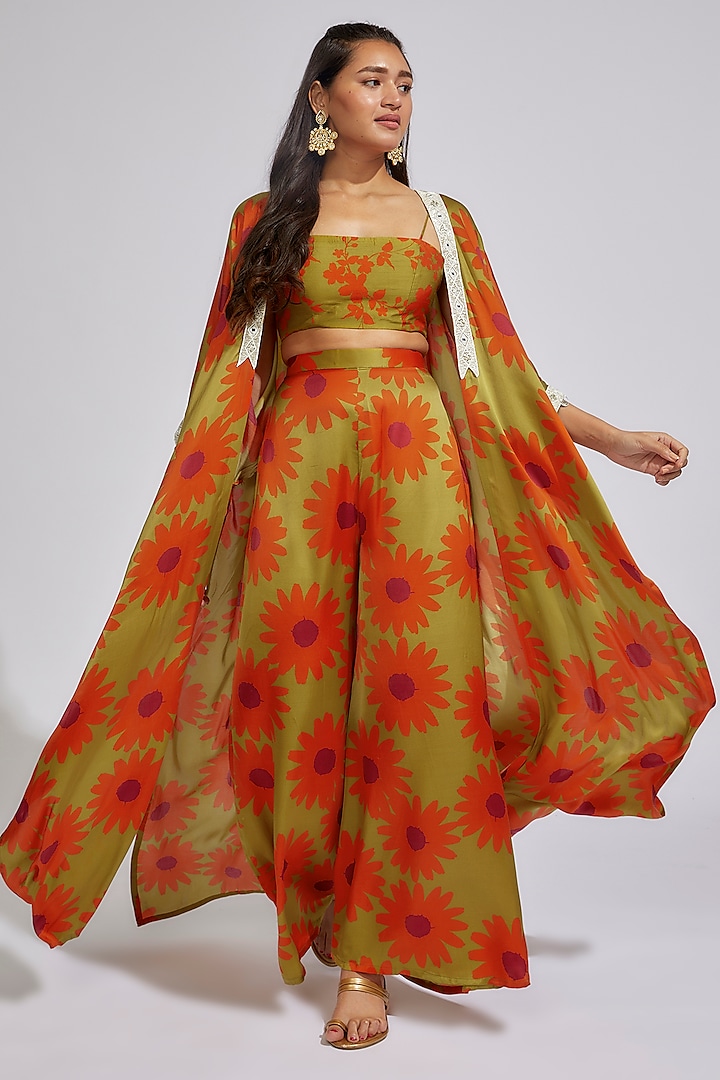 Olive Modal Satin Printed Cape Set by Vikram Phadnis at Pernia's Pop Up Shop