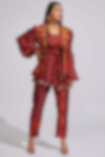 Wine Silk & Crepe Printed & Embroidered Co-Ord Set by Vikram Phadnis at Pernia's Pop Up Shop