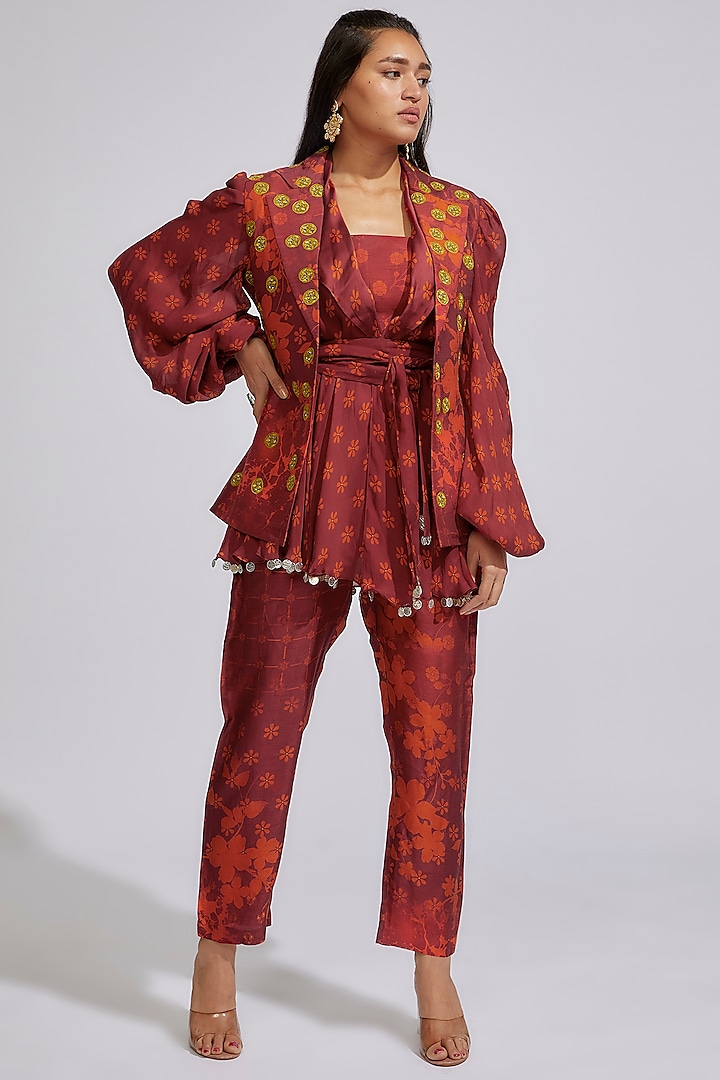 Wine Silk & Crepe Printed & Embroidered Co-Ord Set by Vikram Phadnis at Pernia's Pop Up Shop