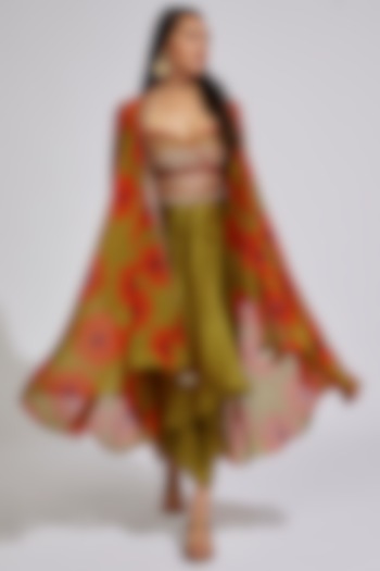 Olive Organza Printed & Embroidered Cape Set by Vikram Phadnis