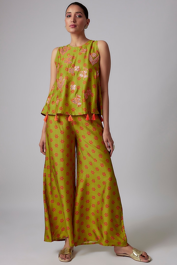 Olive Green Silk Printed Co-Ord Set by Vikram Phadnis
