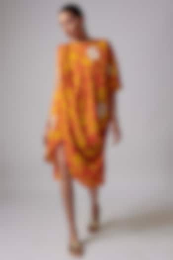 Rust Silk Floral Printed Dress by Vikram Phadnis