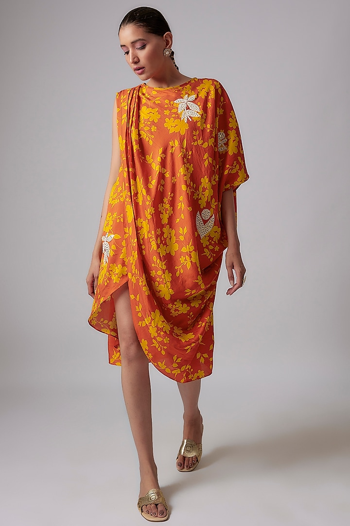 Rust Silk Floral Printed Dress by Vikram Phadnis