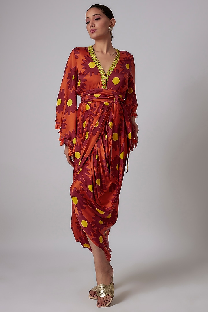 Rust Modal Satin Printed Cowl Dress by Vikram Phadnis