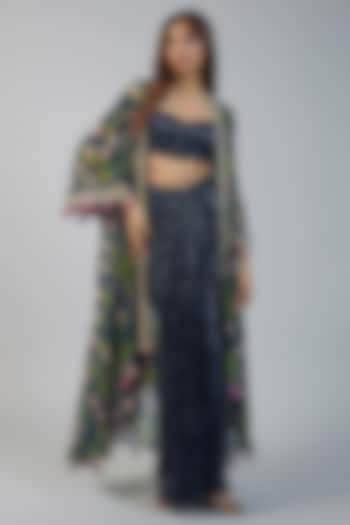 Navy Blue Sequins Draped Skirt Set by Vikram Phadnis at Pernia's Pop Up Shop