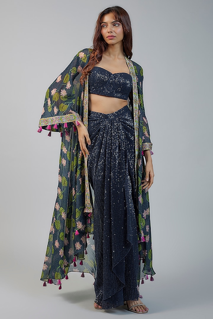 Navy Blue Sequins Draped Skirt Set by Vikram Phadnis at Pernia's Pop Up Shop