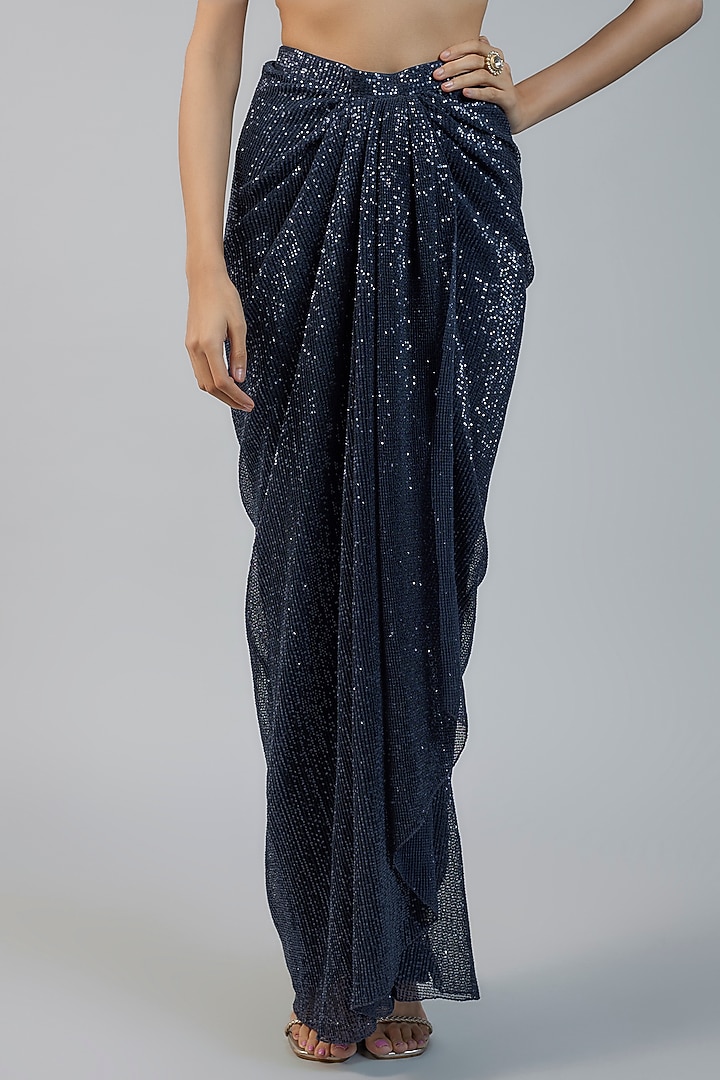 Navy Blue Sequins Draped Skirt Set by Vikram Phadnis at Pernia's Pop Up Shop