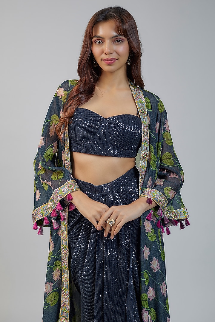 Navy Blue Sequins Draped Skirt Set by Vikram Phadnis at Pernia's Pop Up Shop