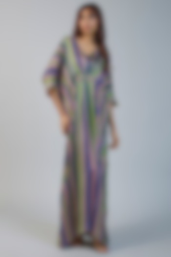 Multi-Colored Modal Lotus Printed Kaftan Dress by Vikram Phadnis at Pernia's Pop Up Shop