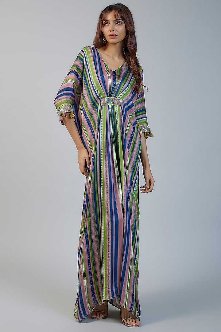 Multi-Colored Modal Lotus Printed Kaftan Dress by Vikram Phadnis at Pernia's Pop Up Shop