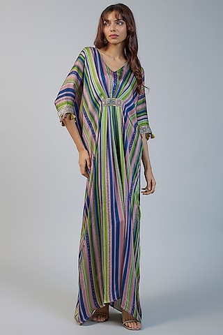 Multi-Colored Modal Lotus Printed Kaftan Dress by Vikram Phadnis