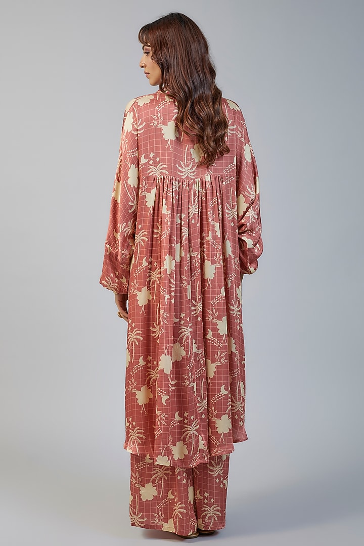 Peach Modal Satin Thread Embroidered & Tropical Printed Co-Ord Set by Vikram Phadnis at Pernia's Pop Up Shop