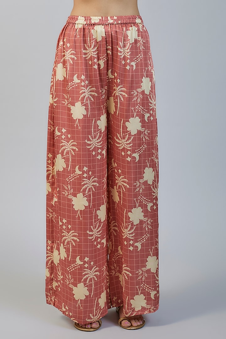 Peach Modal Satin Thread Embroidered & Tropical Printed Co-Ord Set by Vikram Phadnis at Pernia's Pop Up Shop
