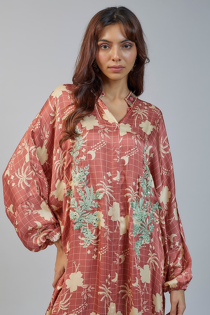 Peach Modal Satin Thread Embroidered & Tropical Printed Co-Ord Set by Vikram Phadnis at Pernia's Pop Up Shop
