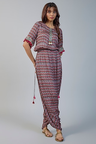Multi-Colored Modal Satin Geometric Printed & Zari Work Jumpsuit by Vikram Phadnis
