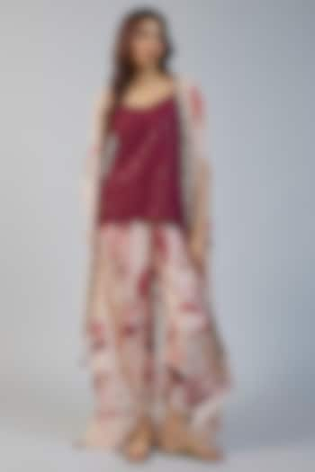 Wine Organza Printed Cape Set by Vikram Phadnis at Pernia's Pop Up Shop