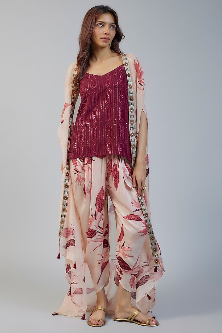 Wine Organza Printed Cape Set by Vikram Phadnis at Pernia's Pop Up Shop