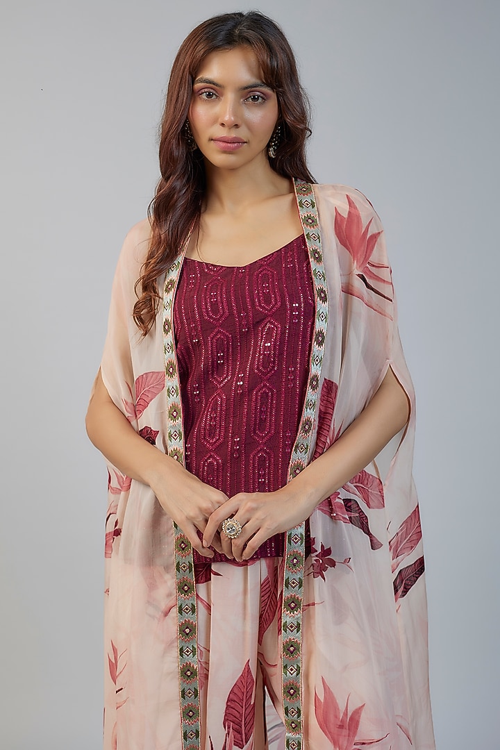 Wine Organza Printed Cape Set by Vikram Phadnis at Pernia's Pop Up Shop