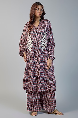 Multi-Colored Modal Satin Thread Embroidered & Tropical Printed Co-Ord Set by Vikram Phadnis