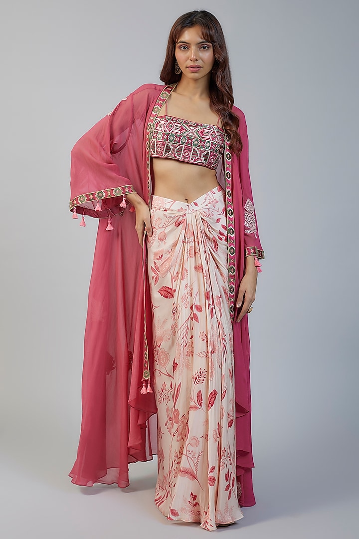 Coral Georgette Geometric Motifs Embroidered Cape Set by Vikram Phadnis at Pernia's Pop Up Shop