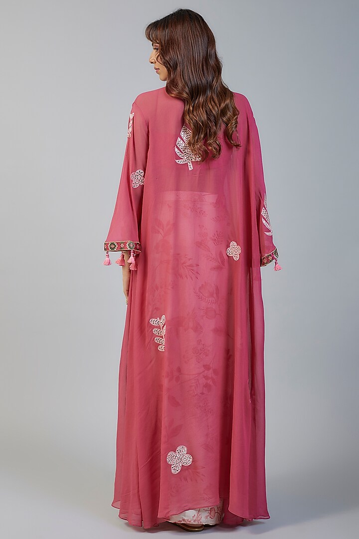 Coral Georgette Geometric Motifs Embroidered Cape Set by Vikram Phadnis at Pernia's Pop Up Shop