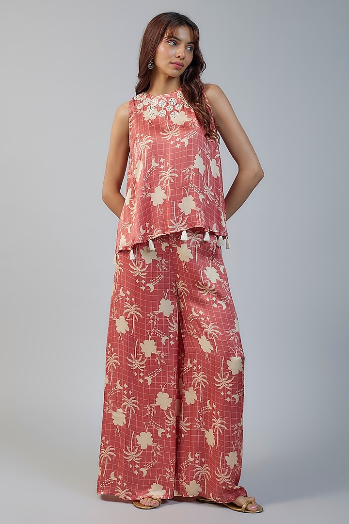 Peach Modal Satin Mirror Embroidered & Tropical Printed Co-Ord Set by Vikram Phadnis