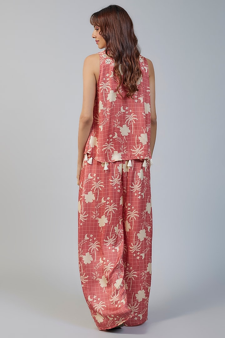 Peach Modal Satin Mirror Embroidered & Tropical Printed Co-Ord Set by Vikram Phadnis at Pernia's Pop Up Shop
