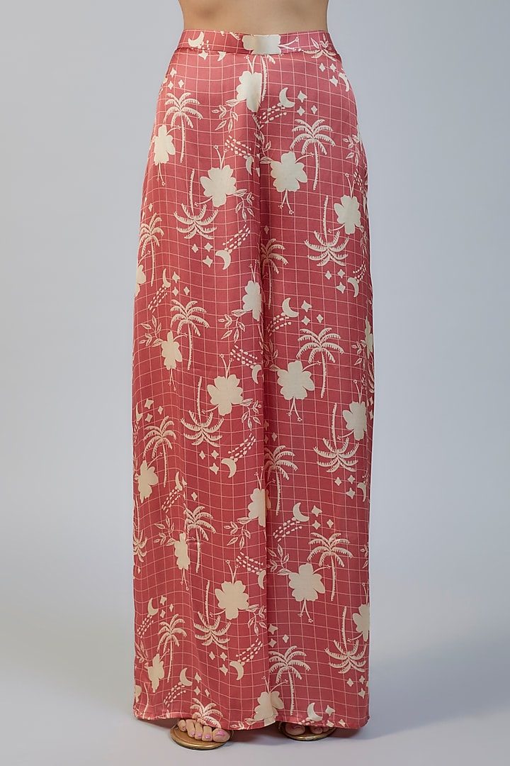 Peach Modal Satin Mirror Embroidered & Tropical Printed Co-Ord Set by Vikram Phadnis at Pernia's Pop Up Shop
