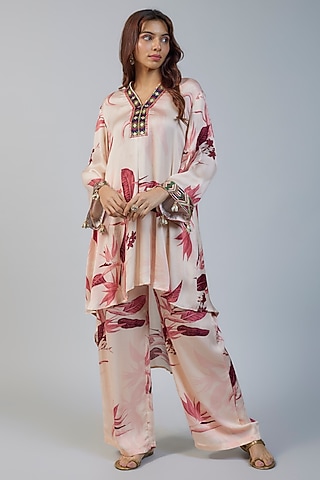 Beige Modal Satin Tropical Printed Co-Ord Set by Vikram Phadnis