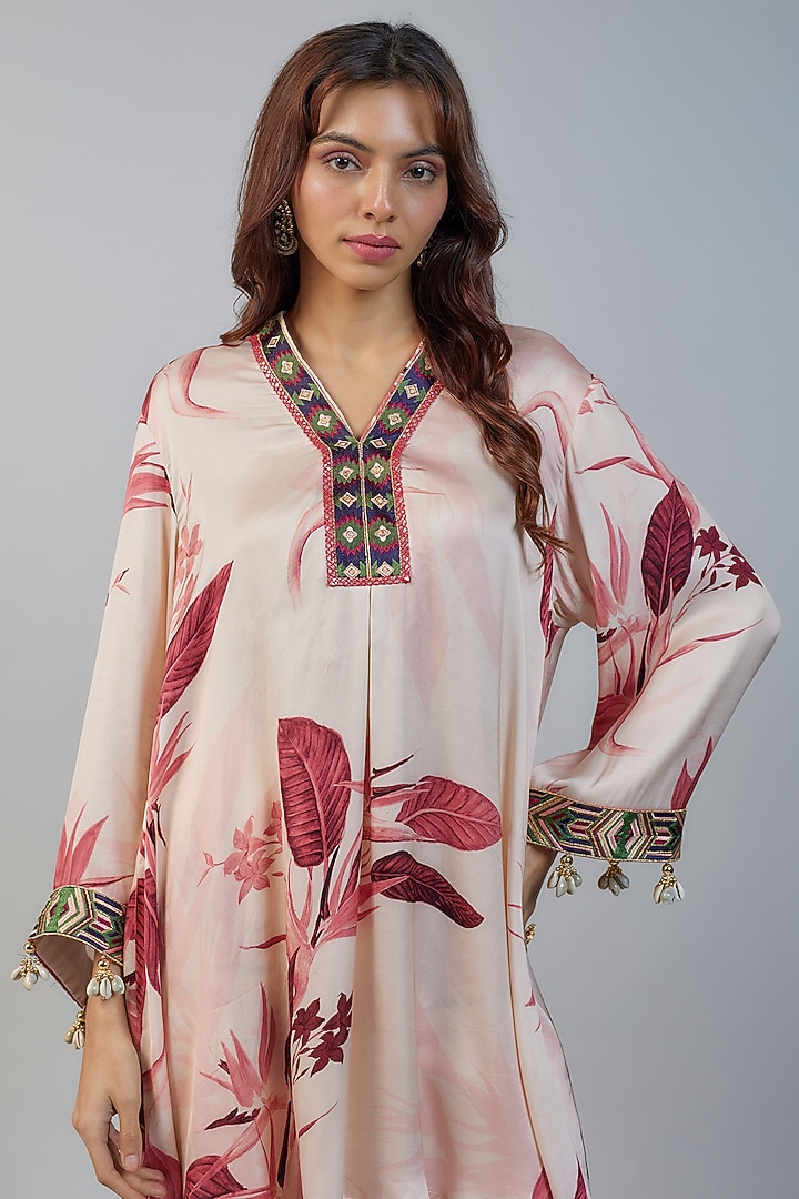 Beige Modal Satin Tropical Printed Co-Ord Set by Vikram Phadnis at Pernia's Pop Up Shop
